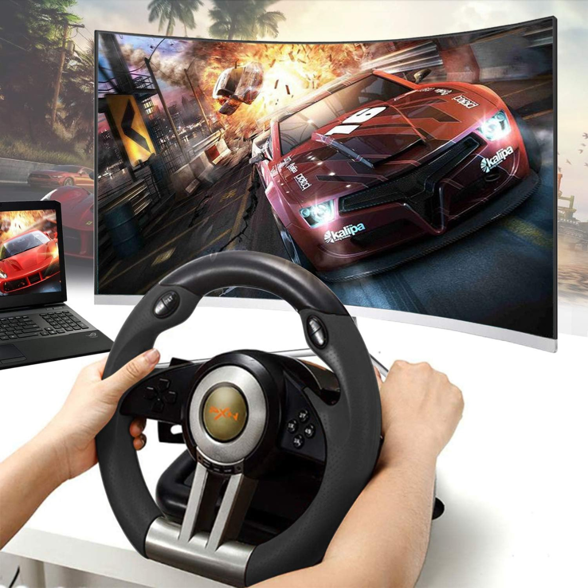 Volante Gamer con Pedales y Palanca PNX | La Emoción de Conducir en el Día del Niño